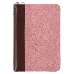 KJV Pink And Saddle Tan Faux Leather Mini Pocket Bible W/ Zipper